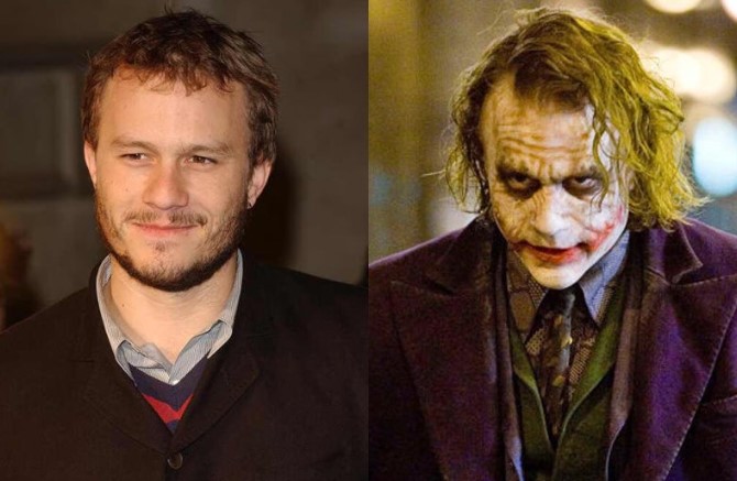 히스 레저 일상 모습과 다크 나이트 조커 변신 비교 사진 - 왼쪽은 수수한 일상 모습의 히스 레저, 오른쪽은 다크 나이트에서 조커로 완전히 변신한 히스 레저의 모습을 나란히 담은 비교 이미지. 배우로서의 헌신과 몰입의 깊이를 보여주는 사진