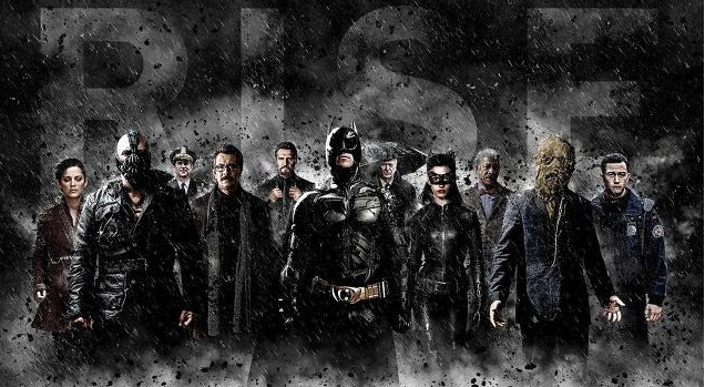 다크 나이트 라이즈 공식 포스터 RISE 전체 출연진 배트맨 베인 캣우먼 총집합 단체 스틸컷