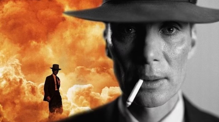 오펜하이머 결말 해석 - 거대한 핵폭발 불기둥 앞에 선 오펜하이머의 컬러 실루엣과 흑백 클로즈업이 합쳐진 상징적 포스터 이미지