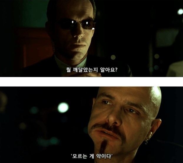 매트릭스 에이전트 스미스가 사이퍼에게 '뭘 깨달았는지 알아요?'라고 묻고 사이퍼가 '모르는 게 약이다'라고 답하는 배신 장면의 자막 캡처