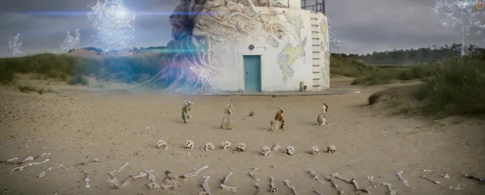 서던 리치 소멸의 땅 - 등대 앞 해골과 식물로 변이된 탐사대원들, 쉬머 결말 핵심 장면