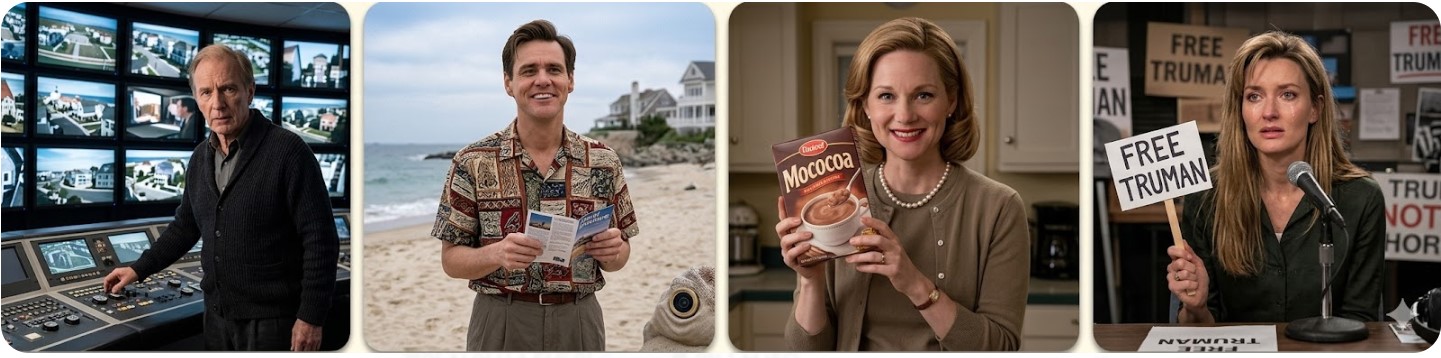 트루먼 쇼 등장인물 4명 - 감독 크리스토프 통제실, 트루먼 해변, 아내 메릴 PPL 광고, 실비아 FREE TRUMAN 시위 장면