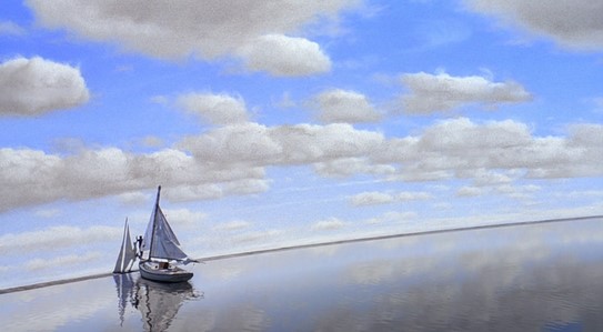 트루먼 쇼 결말 명장면 - 트루먼의 보트가 수평선처럼 보이던 세트장 끝 벽면에 닿는 소름 돋는 장면