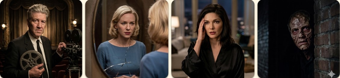 영화 멀홀랜드 드라이브 결말 해석의 핵심 요소를 보여주는 4분할 이미지. 데이빗 린치 감독, 꿈과 현실의 경계에 선 인물들, 그리고 미스터리한 존재를 시각적으로 정리했다.