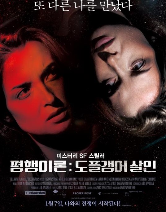 평행이론 도플갱어 살인 코히어런스 영화 포스터 - 두 여성이 마주보는 평행우주 콘셉트 이미지