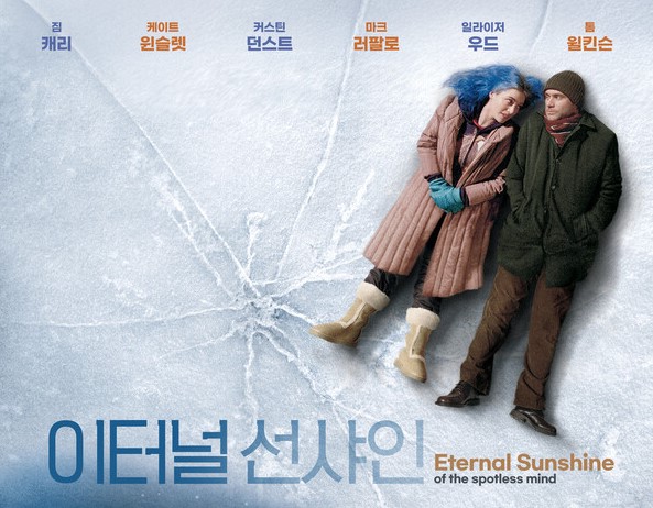 이터널 선샤인 결말의 진짜 의미 – 조엘과 클레멘타인이 얼어붙은 호수 위에 나란히 누워 서로에게 기대고 있는 공식 포스터