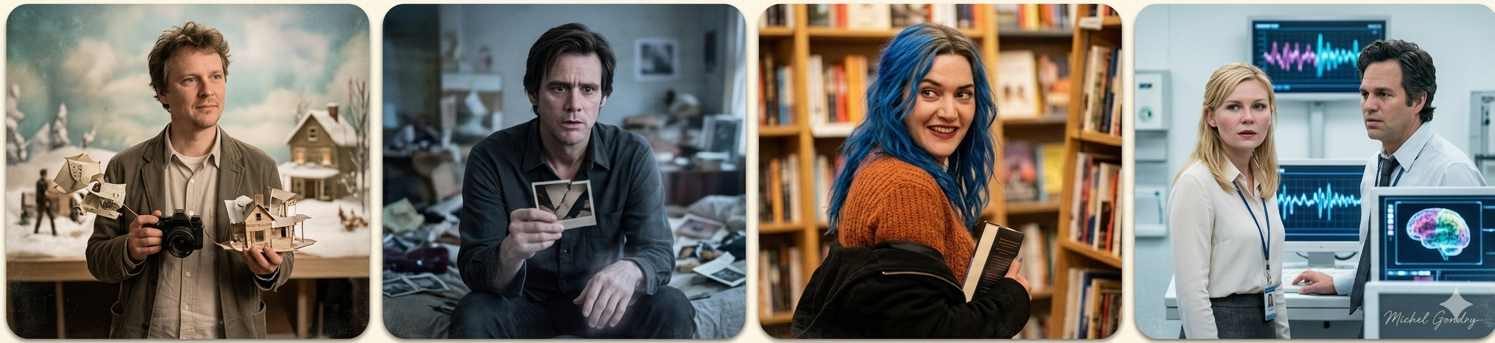 이터널 선샤인 미셸 공드리 감독과 등장인물 – 미셸 공드리 감독, 사진을 든 조엘, 서점의 파란 머리 클레멘타인, 락쿤 테크놀로지 직원들이 뇌 모니터 앞에 서 있는 장면