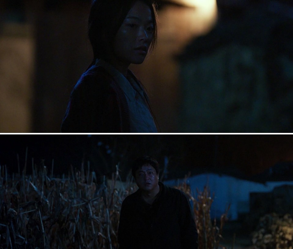 영화 곡성 결말에서 무명의 경고를 믿지 못하고 갈등하는 종구의 모습, 닭이 세 번 울기 전의 선택과 베드로의 배신 모티프를 담은 해석 이미지