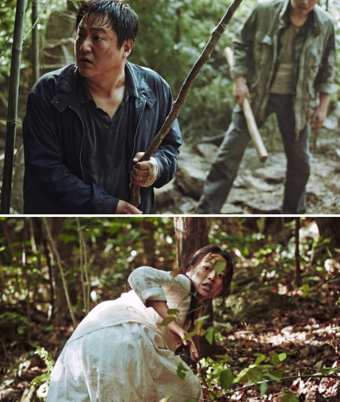 영화 곡성 결말 복선, 무명의 경고를 믿지 못하고 갈등하는 종구와 정체를 알 수 없는 무명의 모습이 담긴 이미지