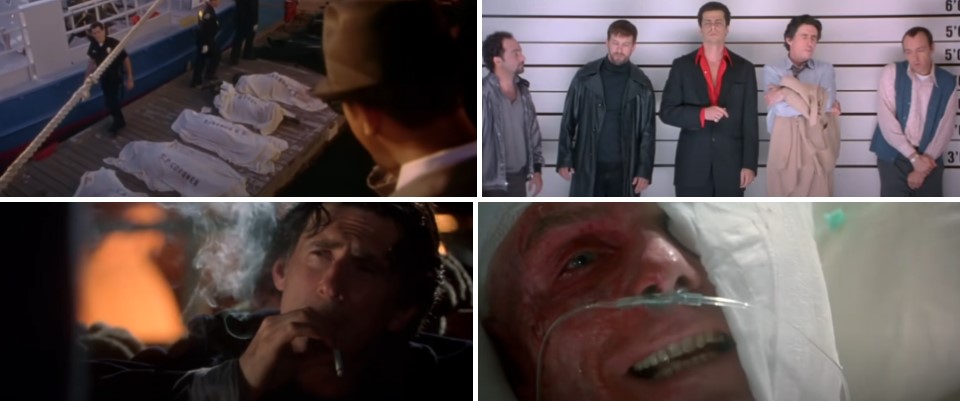 영화 유주얼 서스펙트의 주요 장면들인 항구 사건 현장, 용의자 대면, 취조실 안의 모습과 병원에 누워있는 생존자의 모습