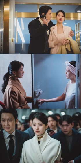 드라마 안나에서 수지와 주변 인물들이 겪는 갈등과 긴장감을 보여주는 세 가지 주요 스틸컷 모음