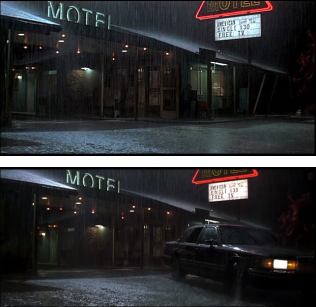 영화 아이덴티티에서 폭풍우가 쏟아지는 밤 사막 한가운데 위치한 외딴 모텔의 외부 모습