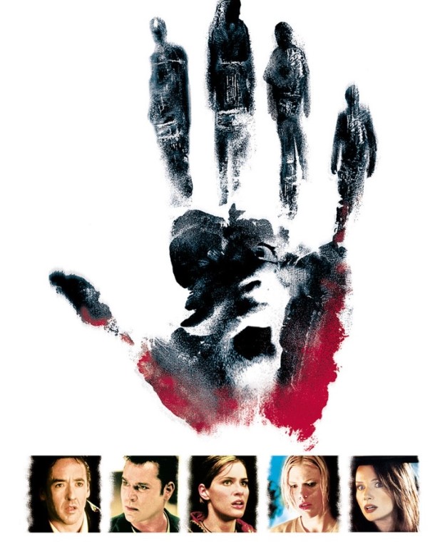 피 묻은 손바닥 자국 안에 인물들의 실루엣이 담긴 영화 아이덴티티 메인 포스터 이미지