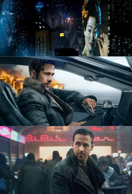 블레이드 러너 2049 스틸컷 모음 — 2049년 LA 미래 도시 야경과 대형 조이 홀로그램, 스피너를 운전하는 K(라이언 고슬링), 술집 속 K의 3컷 콜라주