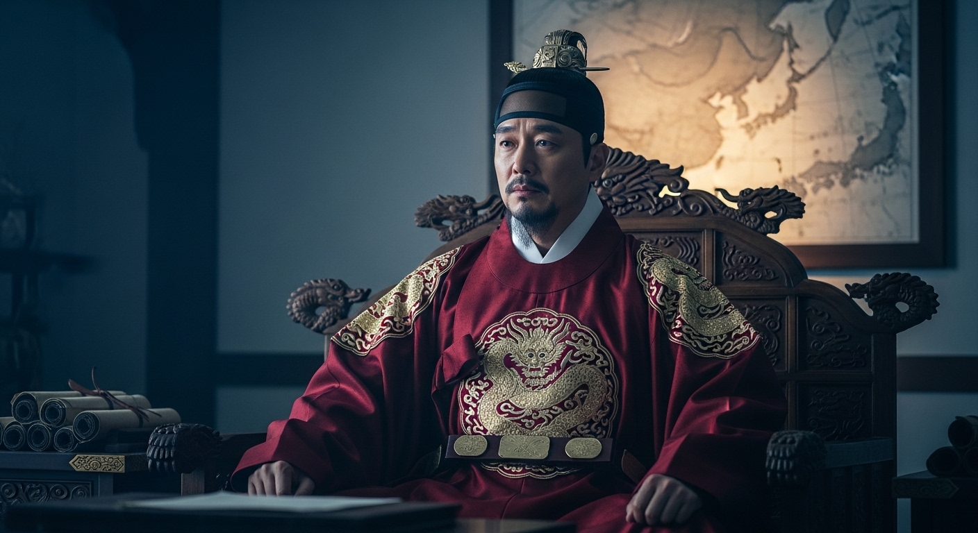 붉은 곤룡포를 입고 용 조각 왕좌에 앉아 있는 광해군 — 조선 15대 왕, 인조반정으로 폐위된 비운의 군주