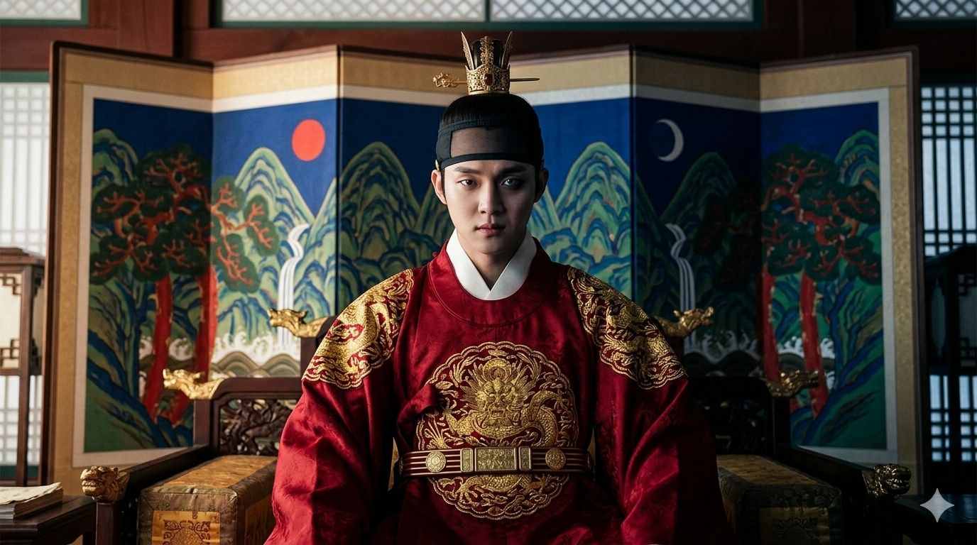 조선 제10대 왕 연산군 — 붉은 곤룡포와 금관을 착용하고 왕좌에 앉은 모습 (AI 생성 이미지)
