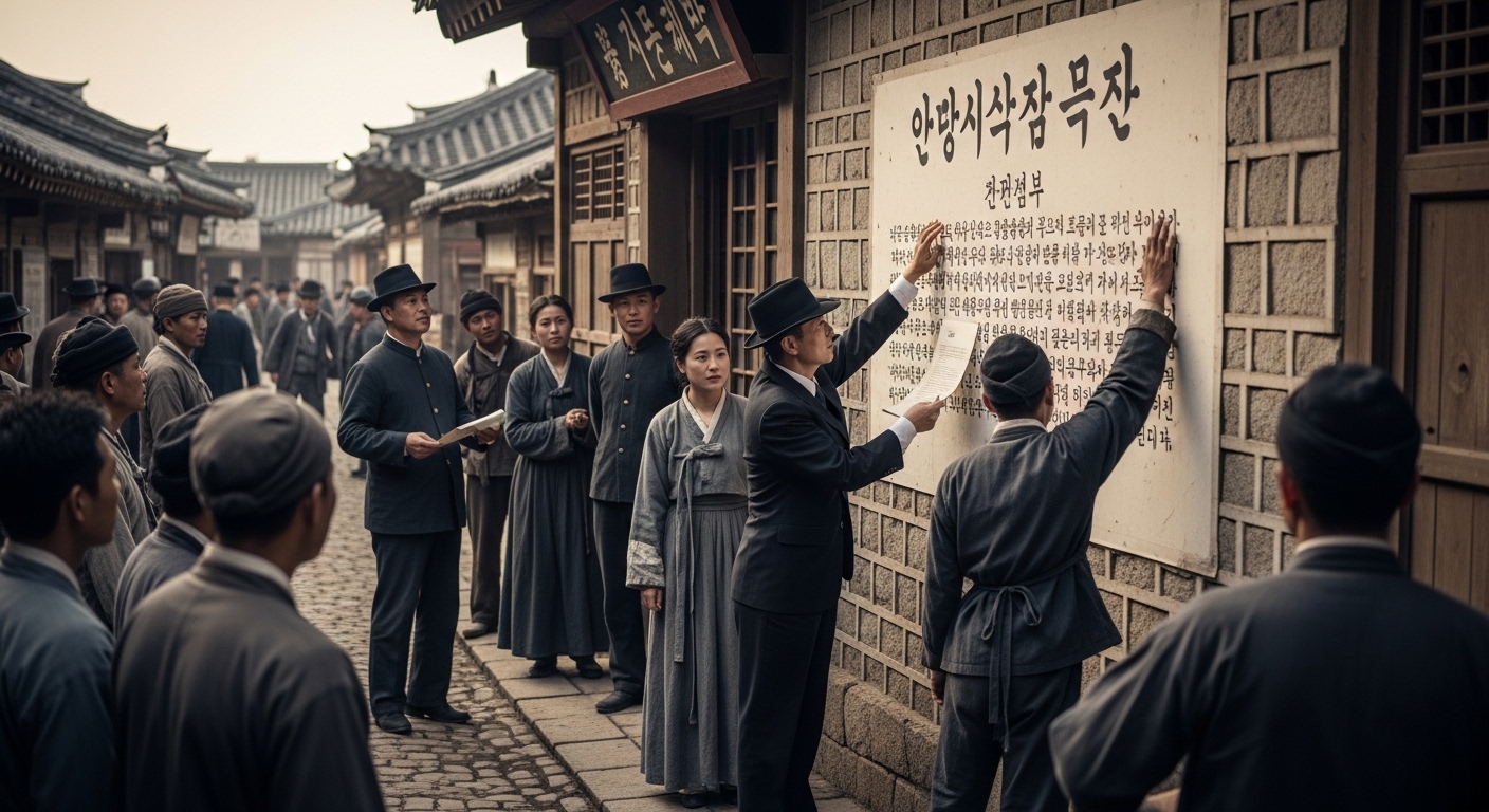 1894년 갑오개혁 노비제 폐지 — 신분 해방 포고문을 알리는 거리 장면 재현 이미지