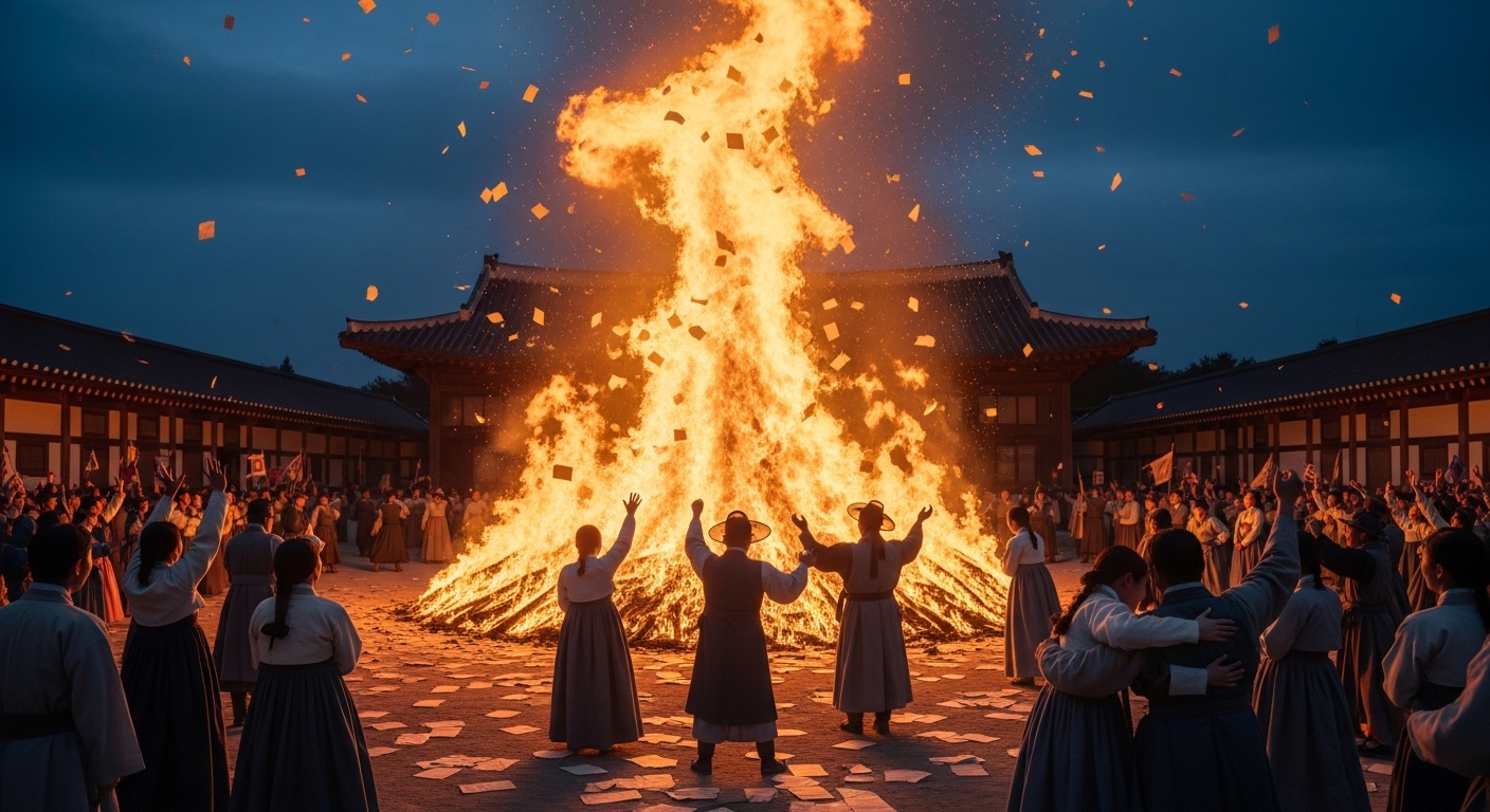 1801년 순조 공노비 해방 — 관청 마당에서 노비 문서를 불태우며 환호하는 공노비들 재현 이미지