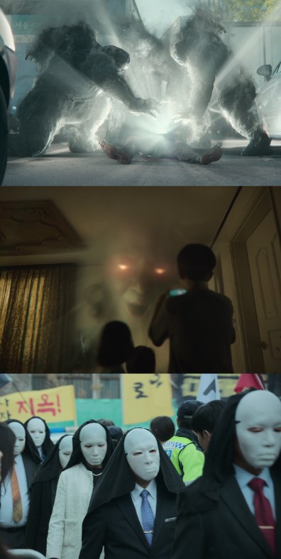 넷플릭스 지옥 시즌1 스틸컷 사자 등장과 군중 광신을 보여주는 장면 모음