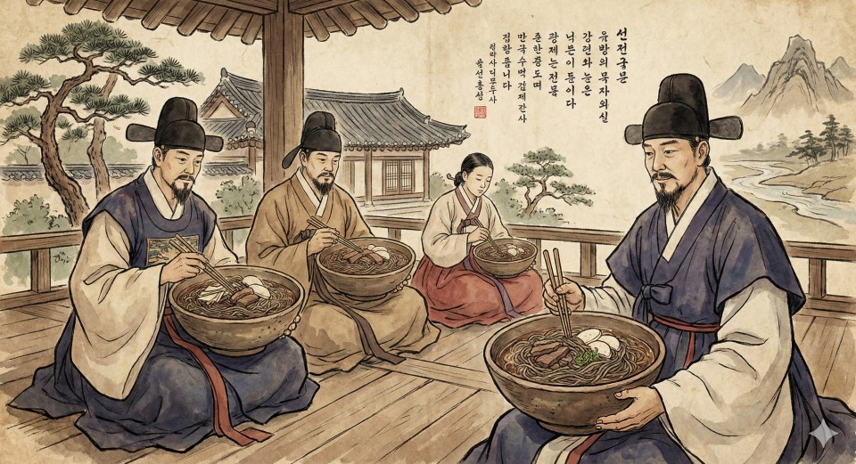 조선시대 선비들이 냉면 국수를 먹는 모습 배달 음식 역사 일러스트