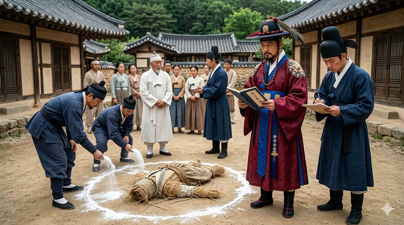 조선 초검 현장 - 수령 아전 포교 시신 주변 회가루 뿌려 증거 보존 검시 절차