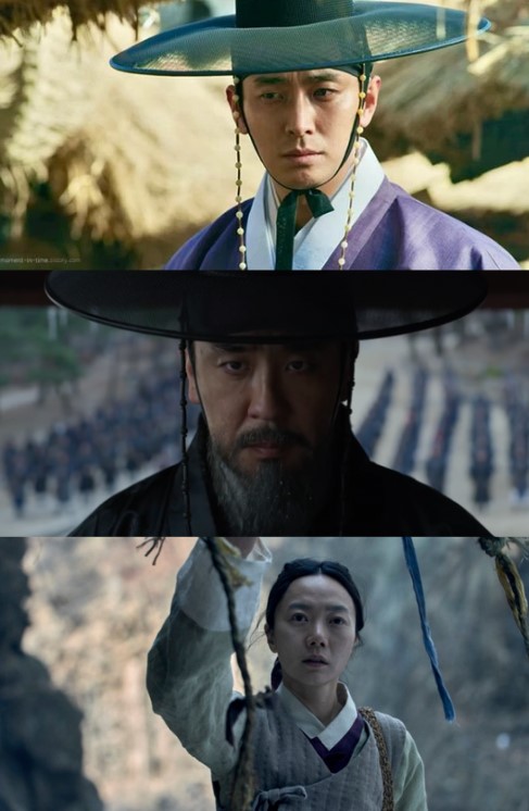킹덤 시즌1 주요 등장인물 클로즈업 — 세자 이창 주지훈, 조학주 류승룡, 의녀 서비 배두나 얼굴 스틸컷