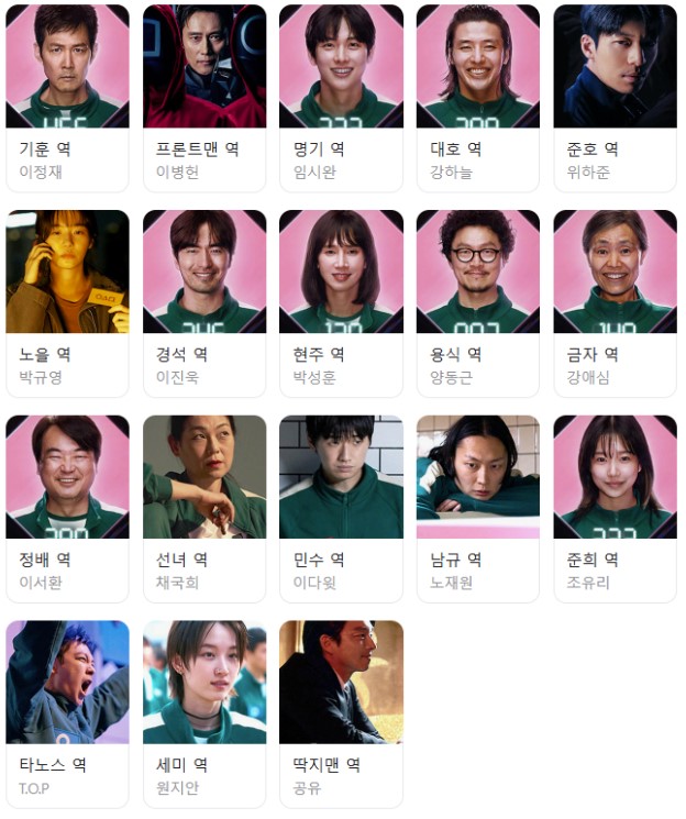 넷플릭스 오징어게임 시즌2·3 출연배우 — 이정재 이병헌 임시완 강하늘 위하준 박규영 이진욱 박성훈 양동근 강애심 이서환 채국희 이다윗 노재원 조유리 T.O.P 원지안 공유