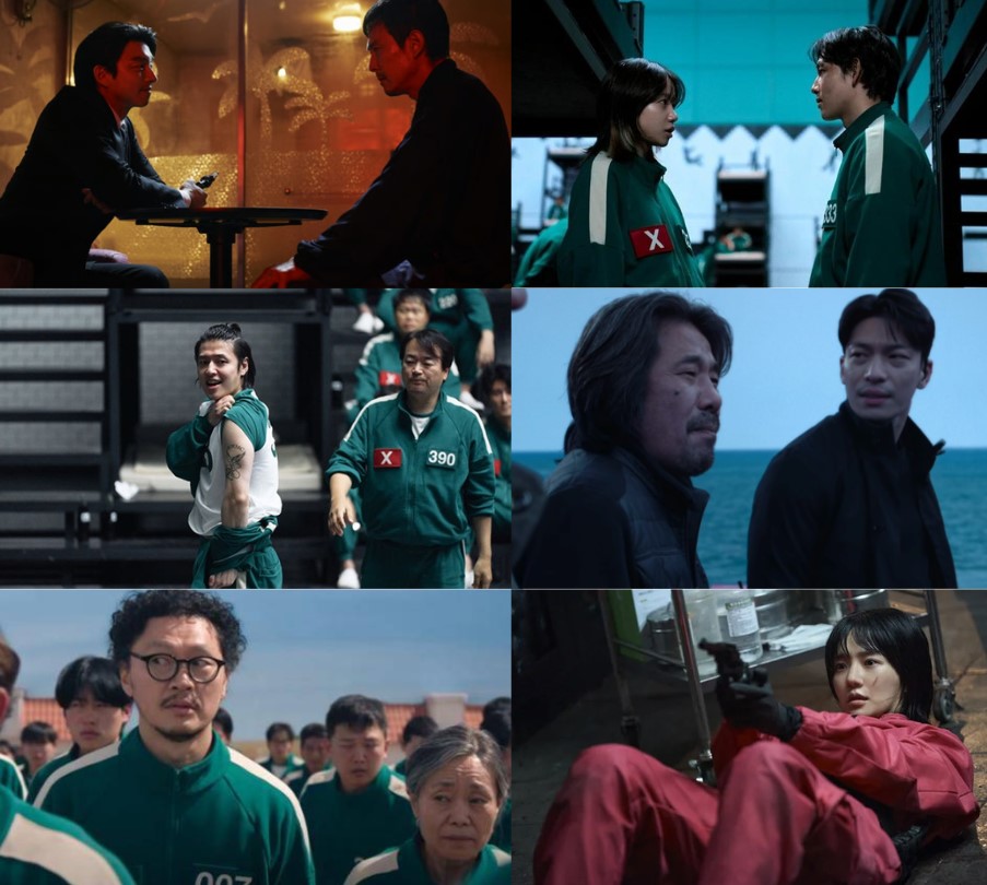 넷플릭스 오징어게임 시즌2·3 다양한 장면 모음 — 기훈과 딱지남 대결·준희와 명기·타노스·프론트맨과 기훈·용식과 금자·부상당한 노을의 긴박한 서사