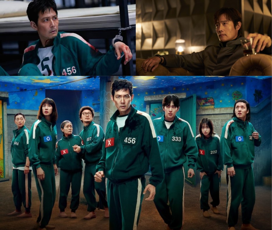 넷플릭스 오징어게임 시즌2·3 주요 출연진 — 수갑 찬 기훈 이정재·프론트맨 이병헌·456번 기훈을 중심으로 한 시즌2·3 핵심 참가자들의 단체 장면