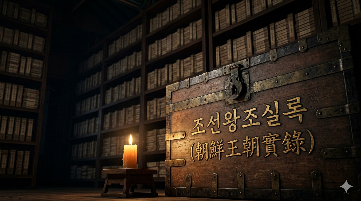 유네스코 세계기록유산 조선왕조실록 — 춘추관 실록각 내부 촛불 아래 수천 권의 실록과 조선왕조실록 한자가 새겨진 나무 궤