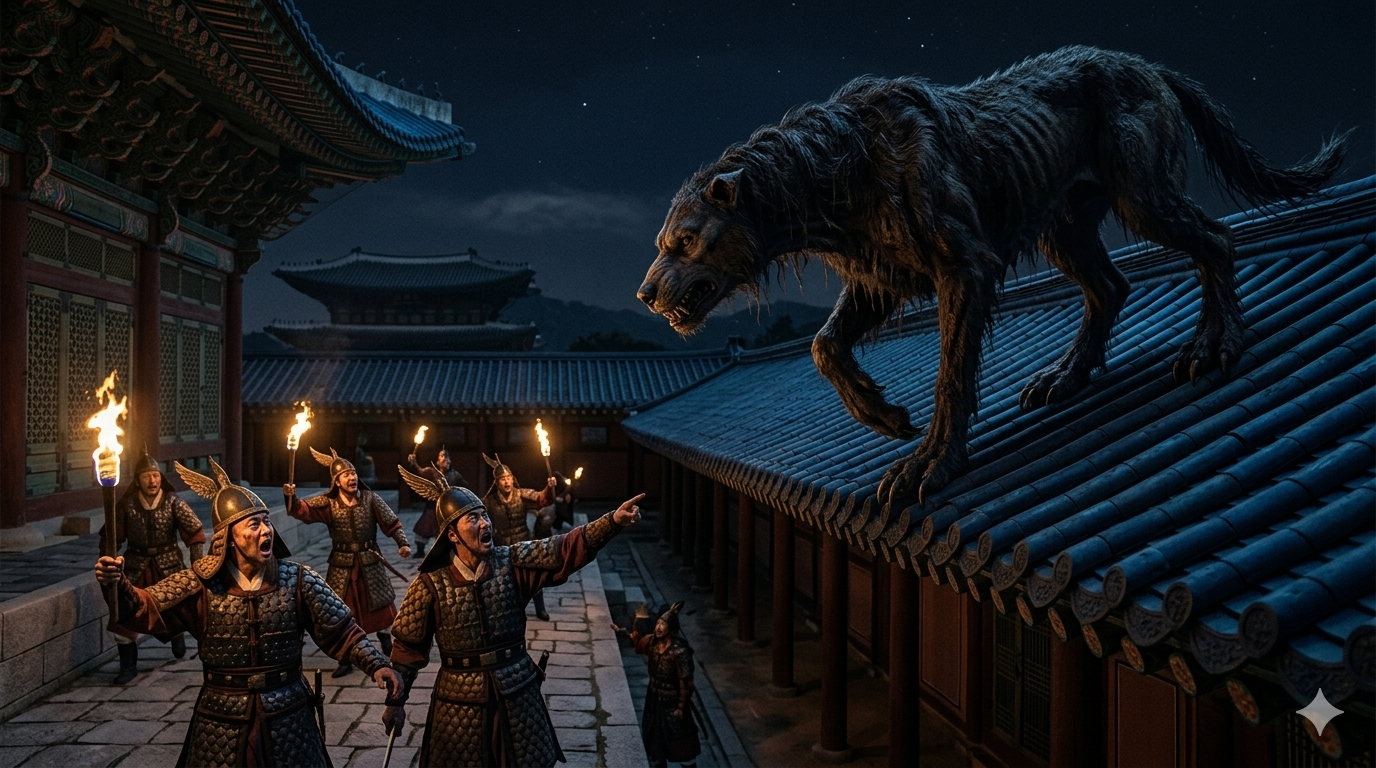 조선왕조실록 중종 시기 물괴 — 경복궁 회랑 지붕 위를 달리는 정체불명의 거대한 검은 괴수와 횃불을 든 공포에 질린 금군 군사들