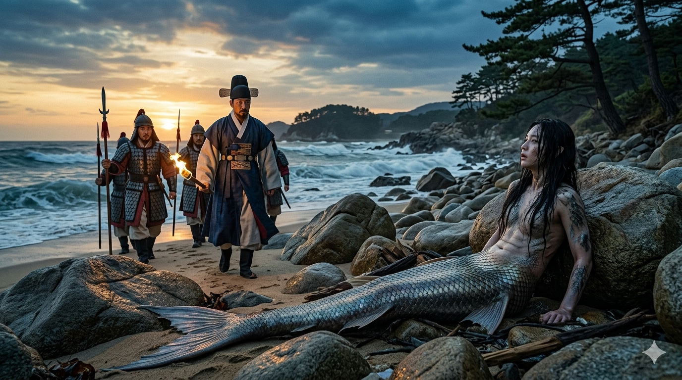 조선왕조실록 속 인어 목격 — 강원도 흡곡 해안가 바위 위에 밀려온 반인반어 인어와 놀라움으로 바라보는 현령 박취득 일행