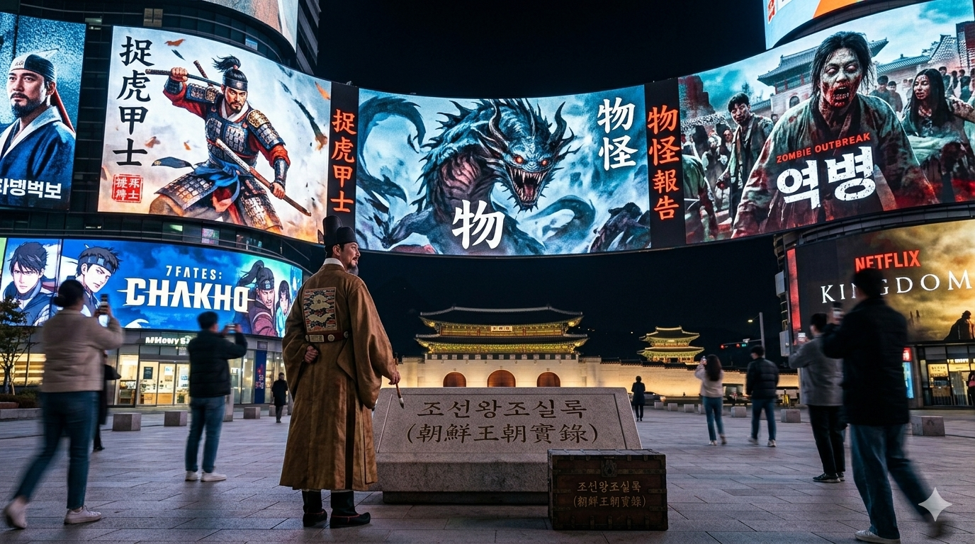 조선왕조실록이 현대 콘텐츠로 — 광화문 광장에서 물괴·킹덤·7FATES CHAKHO 전광판을 마주한 조선 사관과 실록 궤의 시공간 초월 대비