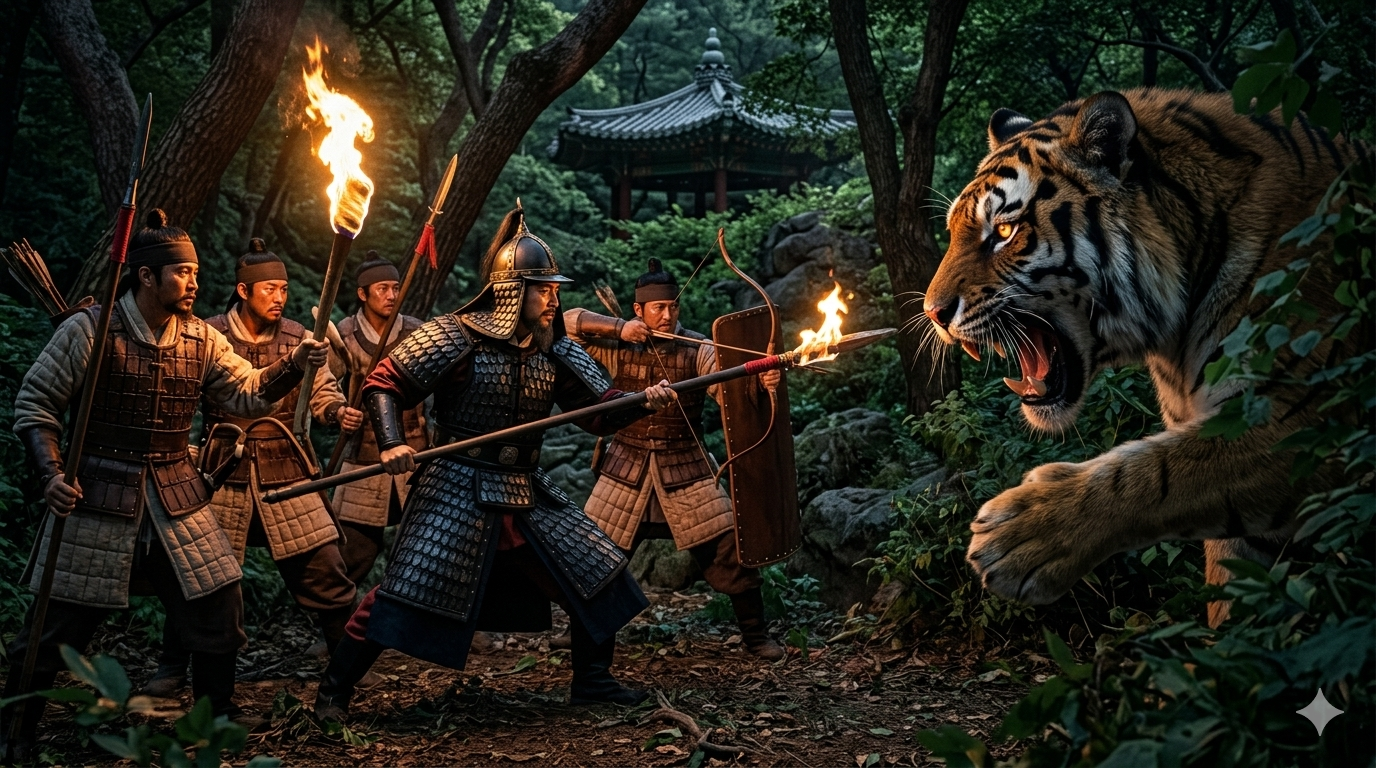 조선 착호갑사 호랑이 사냥 — 창덕궁 후원 야간 수색대가 횃불을 들고 포효하는 거대한 범과 긴박하게 맞서는 장면