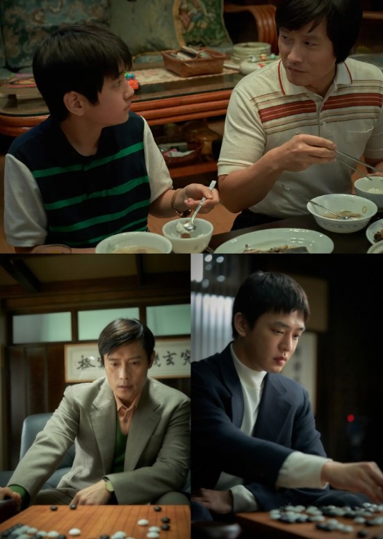넷플릭스 영화 승부 스틸컷 이병헌 유아인 조훈현 이창호 스승 제자 식사 바둑 훈련 장면