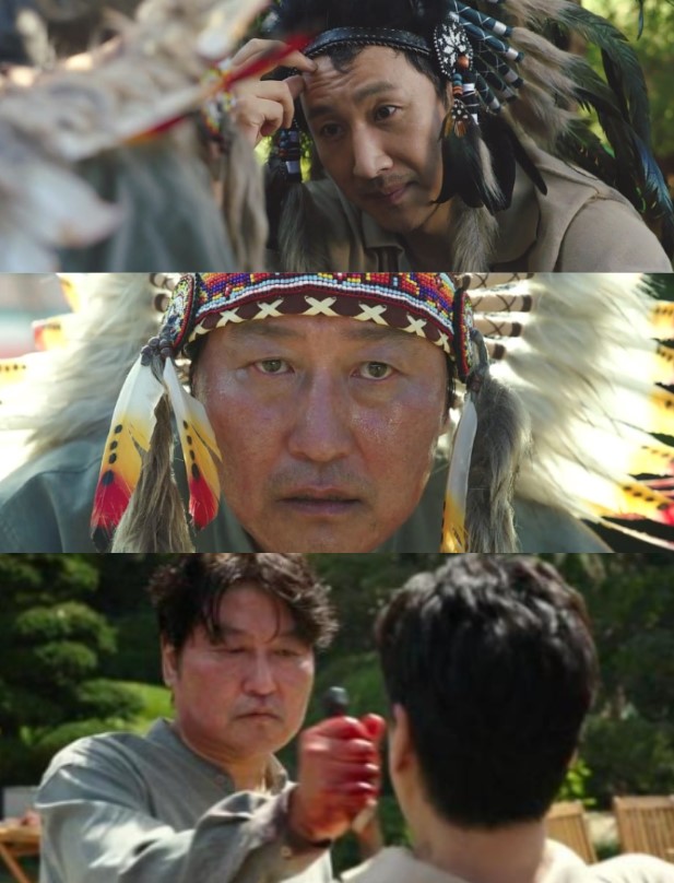 기생충 영화 기택 인디언 분장 장면 - 클라이맥스 칼부림 포기와 분노의 순간