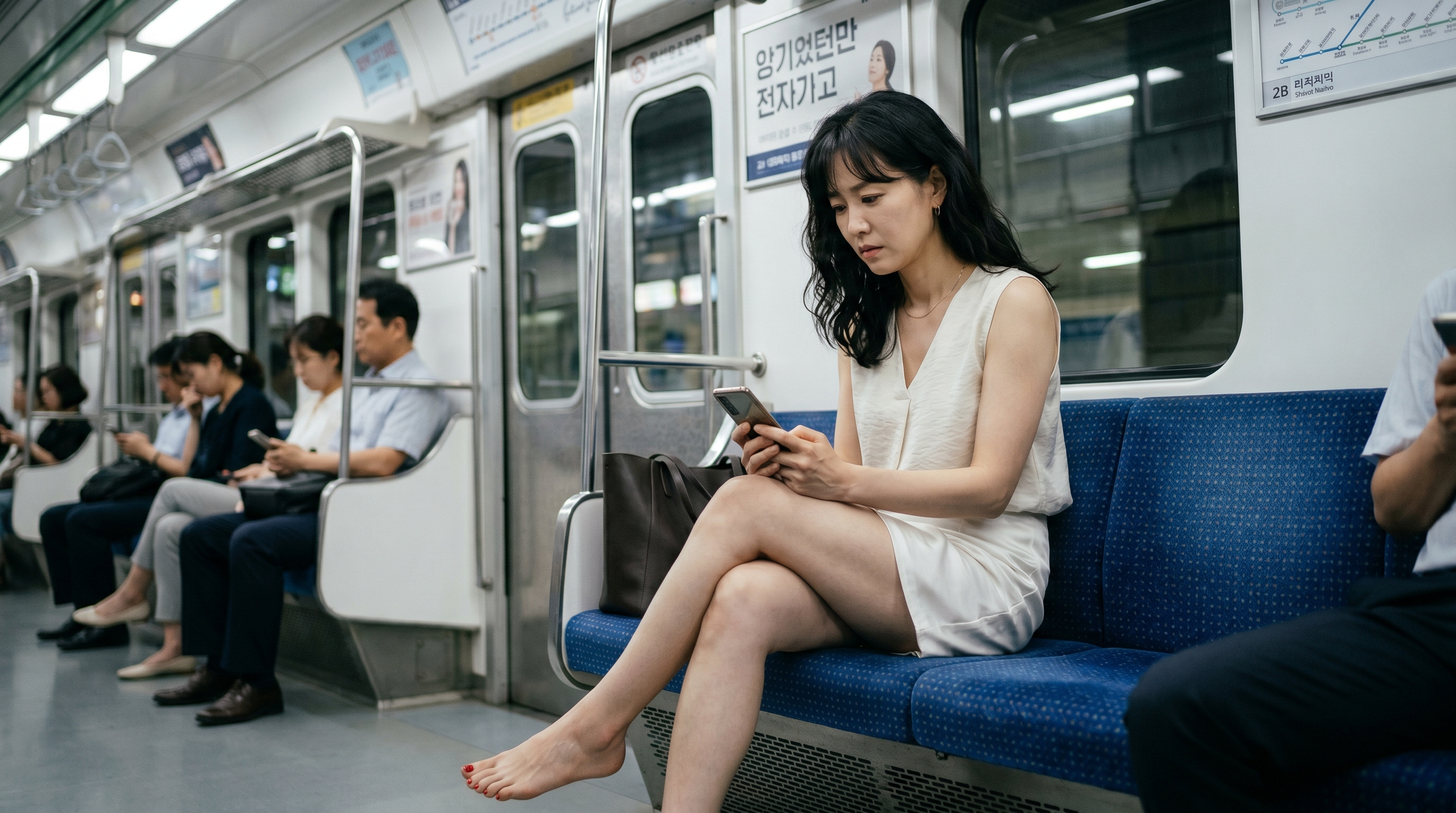 주식 호황기에도 손실을 보는 개인투자자, 지하철 안에서 스마트폰으로 주식을 확인하는 불안한 표정의 여성