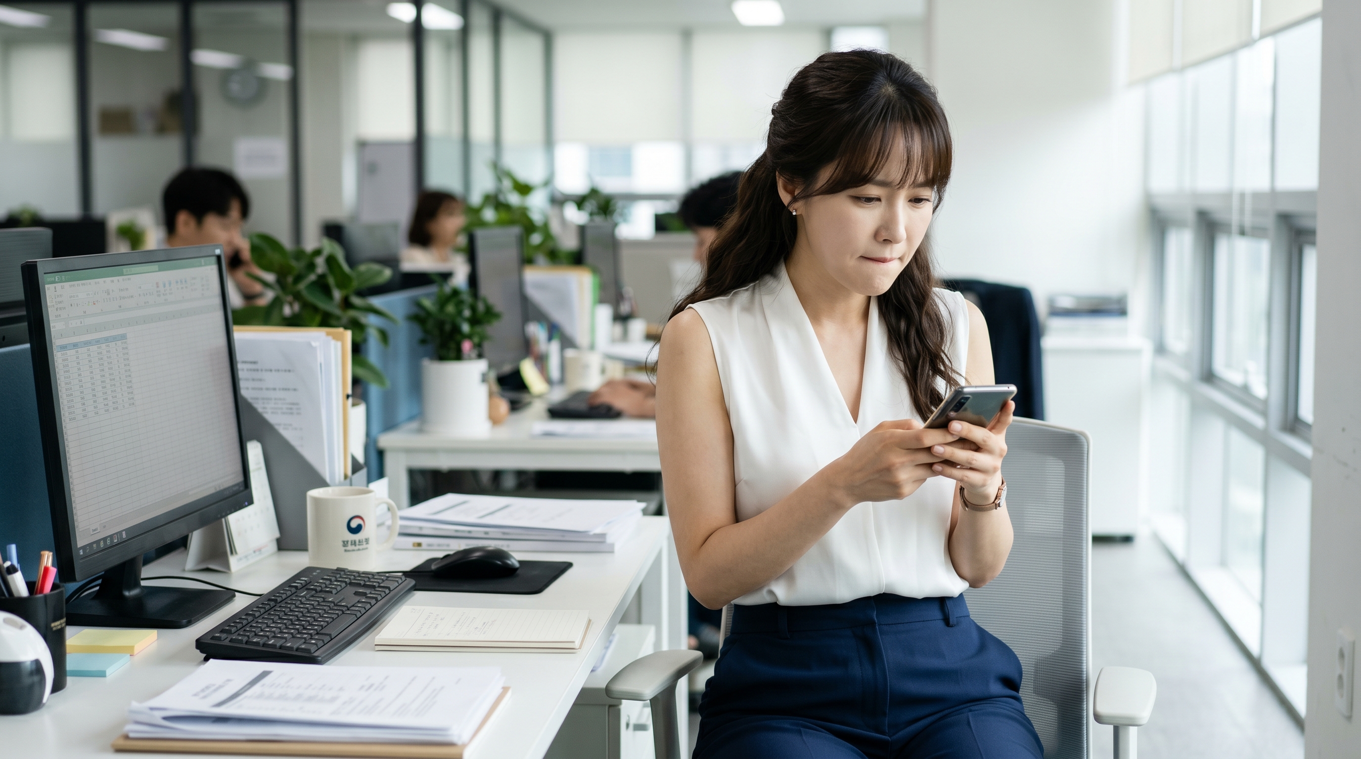 직장 사무실에서 스마트폰으로 주식 뇌동매매를 하는 여성, 충동매수와 감정 투자로 손실을 보는 개인투자자의 전형적인 모습
