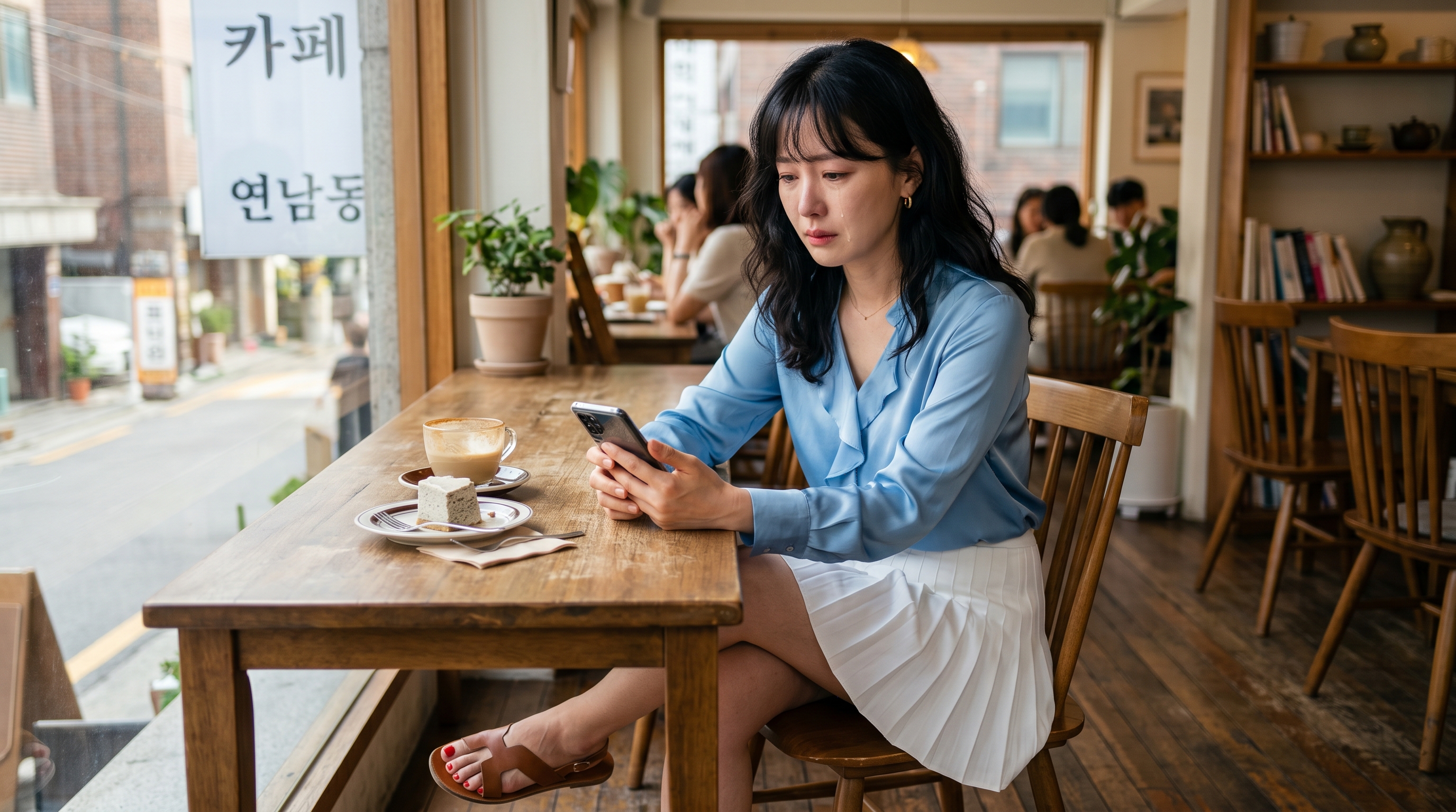 빚투 신용융자로 주식 손실을 보고 카페에서 눈물을 흘리는 여성, 레버리지 투자의 위험성과 빚내서 주식하는 개인투자자의 현실