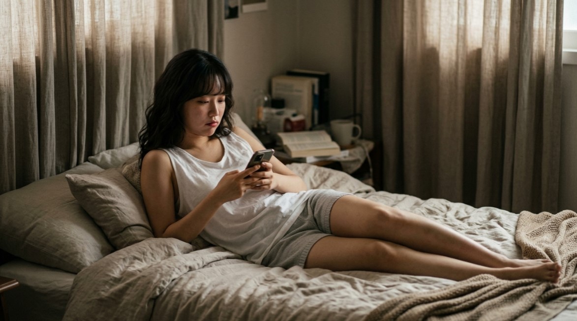 비트코인 하락으로 우울한 표정으로 스마트폰을 바라보는 여성