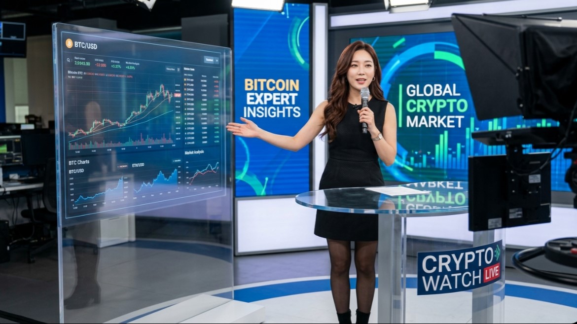 2026년 6월 비트코인 1개월 시나리오전망과 글로벌 암호화폐 시장 흐름을 방송 스튜디오에서 설명하는 비트코인 전문가의 모습