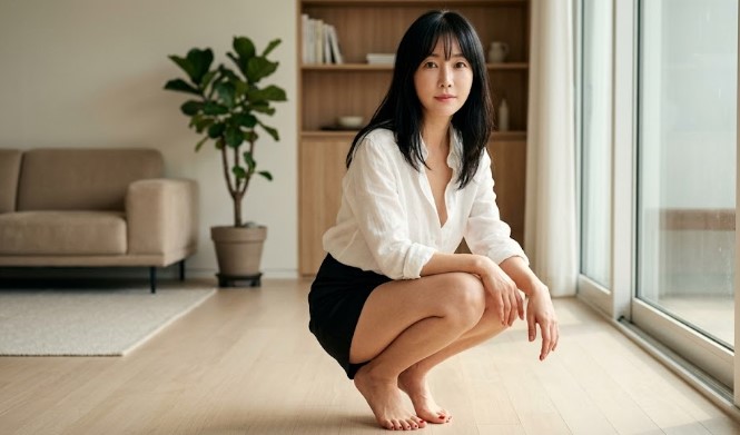 50대 여성이 실내에서 스쿼트 자세로 다리 근력 운동을 하는 모습 — 사포닌 섭취와 꾸준한 하체 운동으로 50대 관절과 근력 건강 유지