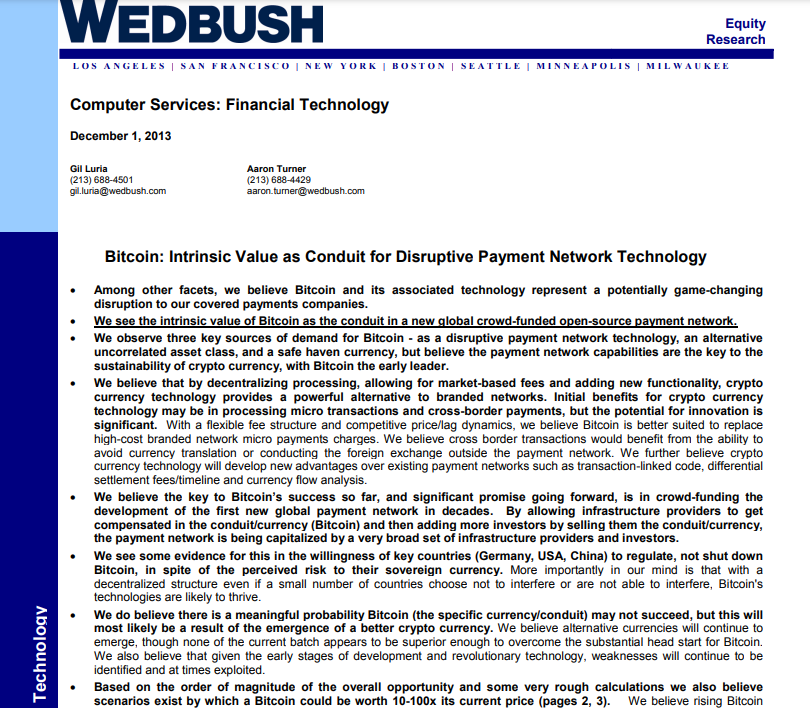 Wedbush Predicted Bitcoin's $100,000 Price Back in 2013
