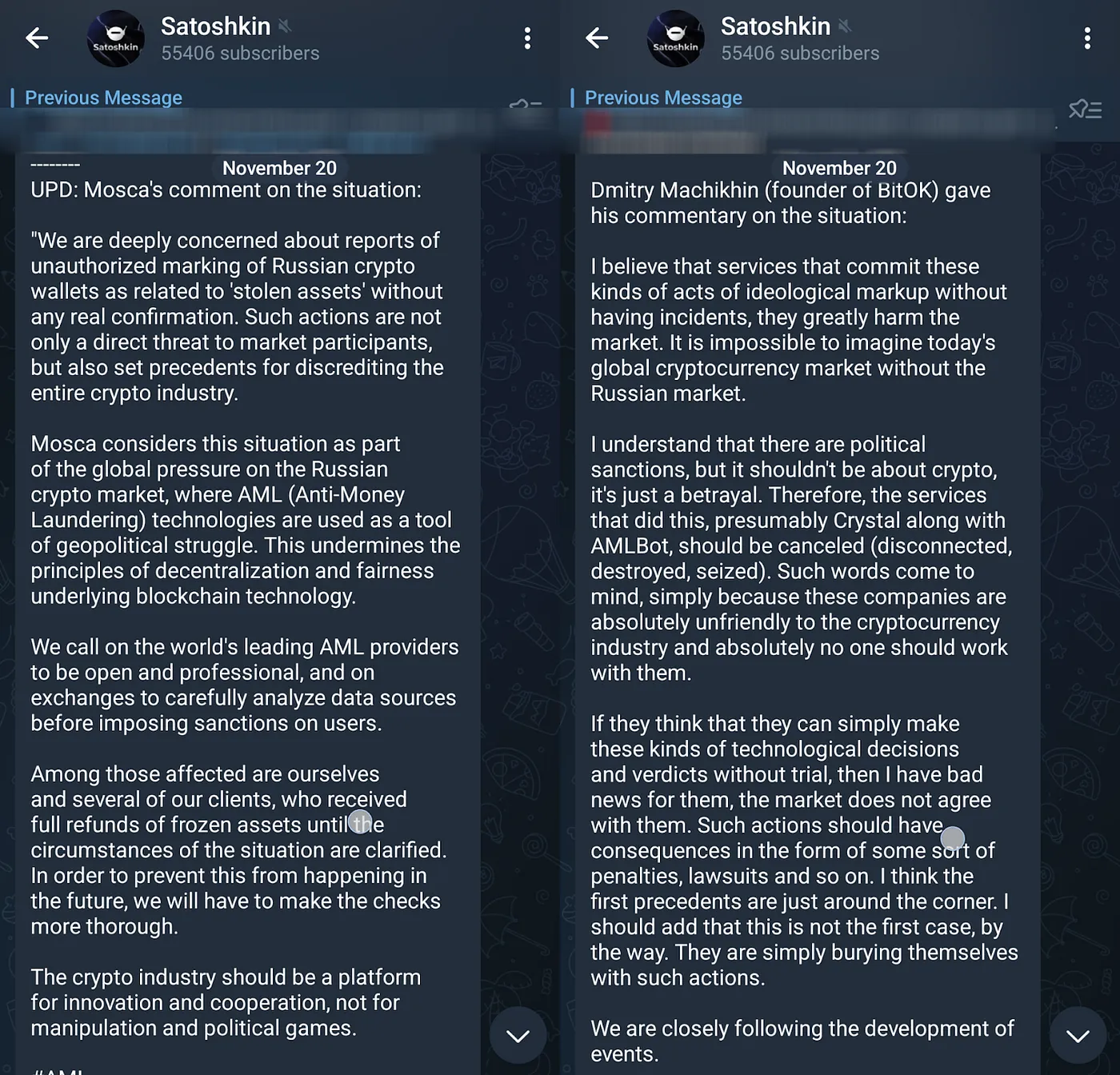 Telegram kanalı Satoshkin'deki yanlış işaretleme hakkındaki mesajların otomatik çevirisi