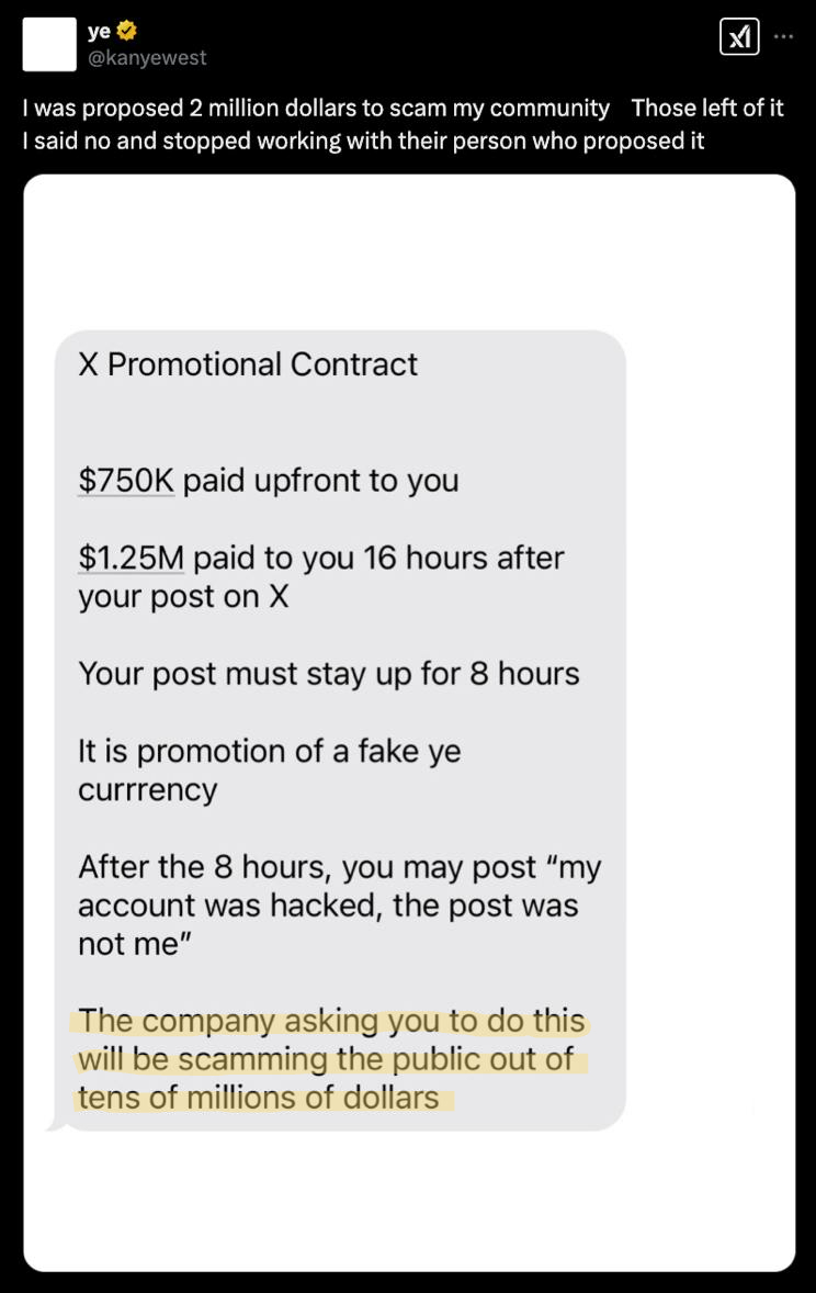 What’s wrong with Kanye West’s crypto scam screenshot