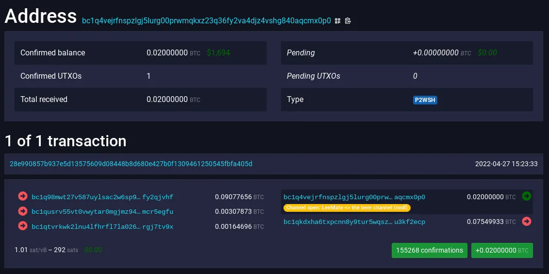 A payment channel address on mempool.space