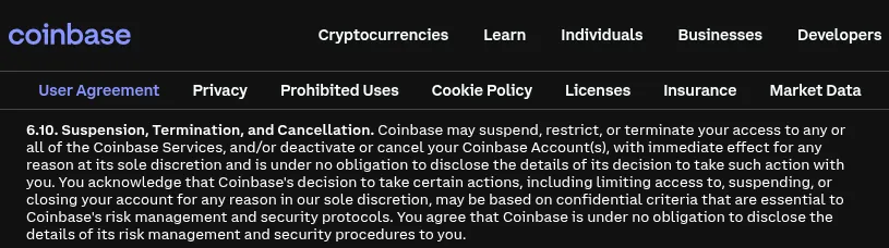 Coinbase Terms of service, section 6.10