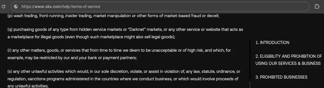 OKX Terms of service: Prohibited businesses