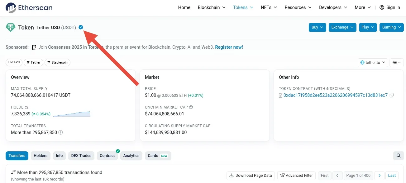 Checkmark for USDT in Etherscan