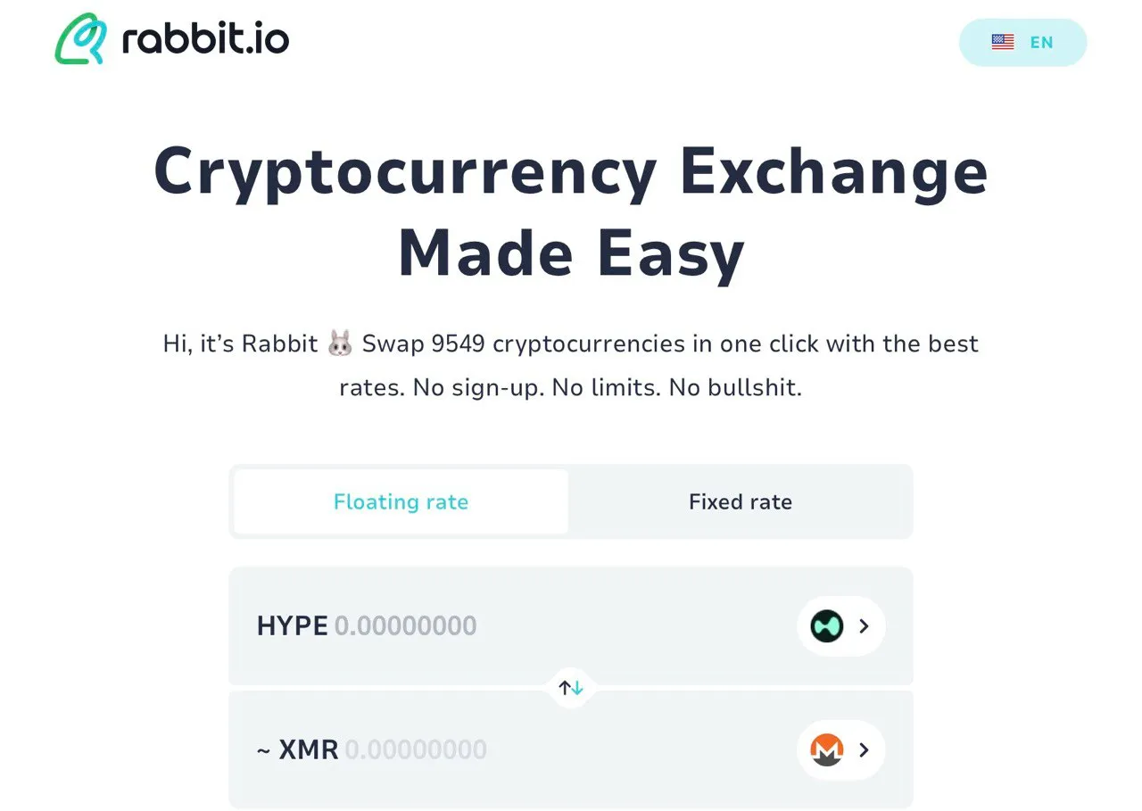 Swap HYPE for XMR on rabbit.io